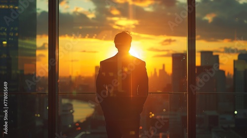 A man stands in front of a window looking out at the city skyline. The sun is setting, casting a warm glow over the buildings. The man is lost in thought