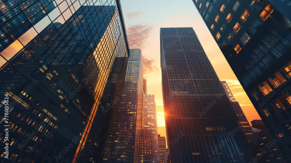 custom made wallpaper toronto digitalSkyscrapers against the sky high-rise buildings at sunset cityscape with skyscrapers 3D rendering