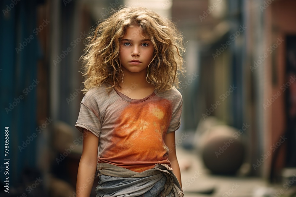 A girl with long hair is wearing an orange shirt and standing in a city alley A girl with long hair is wearing an orange shirt and standing in a city alley