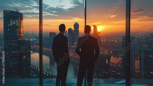 Two men in suits are looking out a window at the city below. The sun is setting, casting a warm glow over the buildings. Scene is peaceful and contemplative