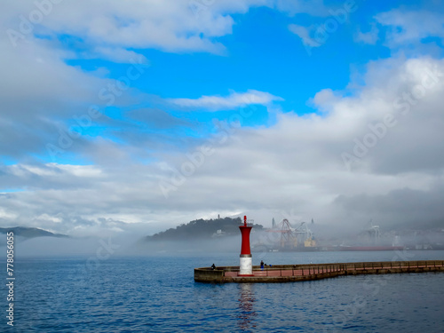 View of the port of Vigo and its estuary covered by some fog. Rías Baixas, Galicia, Spain.