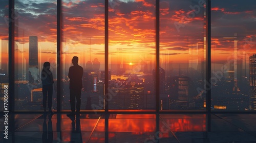 Two people are looking out a window at the city below. The sun is setting, casting a warm glow over the buildings. The scene is peaceful and serene