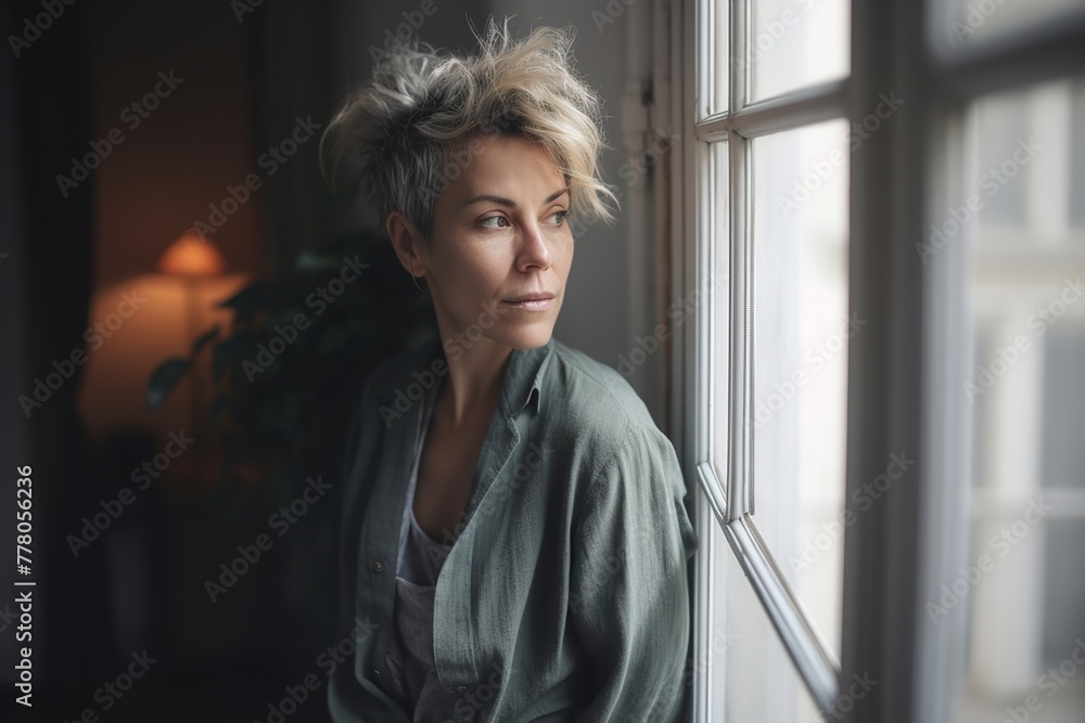 A woman with short hair is sitting in front of a window