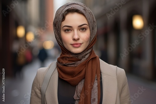 A woman wearing a brown scarf and a tan coat stands in front of a building