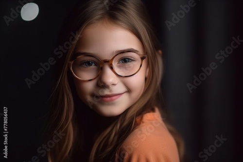 A young girl wearing glasses is smiling at the camera