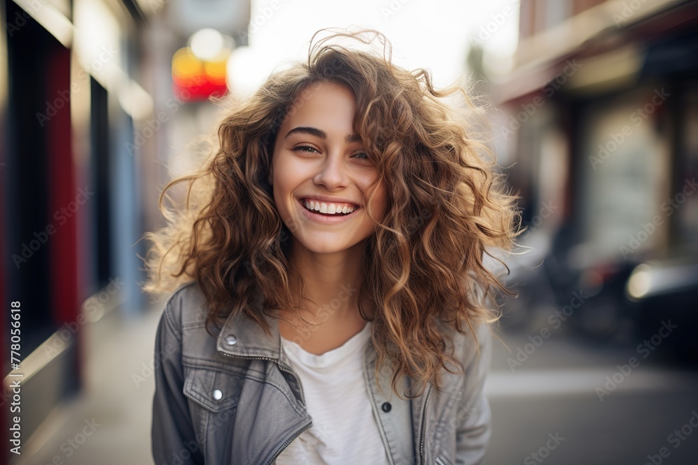 A woman with curly hair is smiling and standing on a street