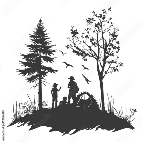 Silhouette camp activity in nature full body black color only