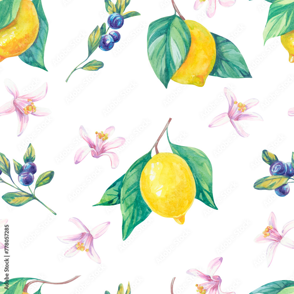 Watercolor seamless pattern with lemons, flowers and blueberries, berries. Floral spring pattern. Italian pattern