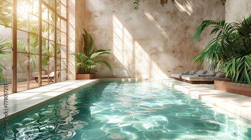 Tropical summer background with concrete wall, pool water and palm leaf shadow. Luxury hotel resort exterior for product placement. Outdoor vacation holiday house scene, neutral architecture aesthetic