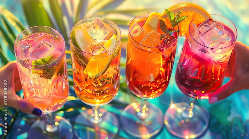 Aperitif with colorful drinks and glasses that toast each other and reflect in the sunlight