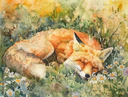 Watercolor painting of a fox sleeping behind a bush. They have long pointed noses and large, pointed ears. The molars are strong and sharp. Use for wallpaper, cards, posters