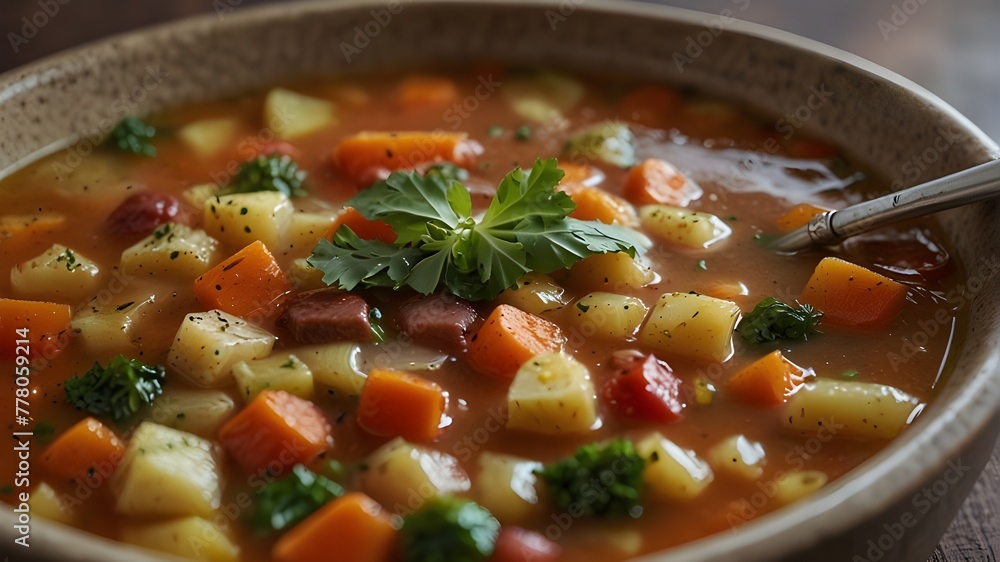 A steaming bowl of hearty vegetable soup with vibrant colors A steaming bowl of hearty vegetable soup with vibrant colors