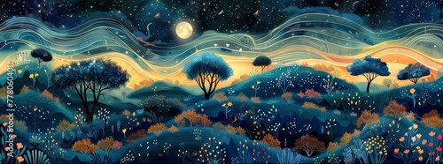 a scene influenced by Art Nouveau that features wavy hills, curving trees, and a starry sky mixed with floral and animal themes