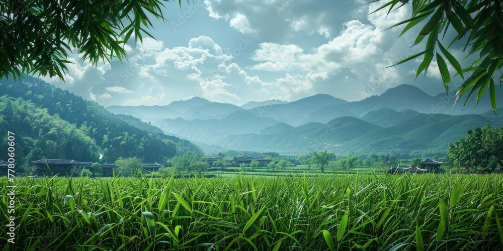 far-off village homes, bamboos, mountains, blue sky & green fields far-off village homes, bamboos, mountains, blue sky & green fields