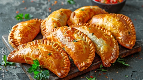 different dishes of empanadas. dinner of fried baked pastries.