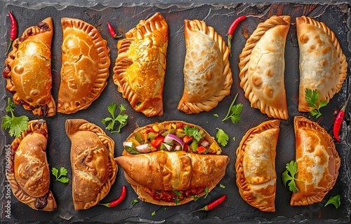 different dishes of empanadas. dinner of fried baked pastries.