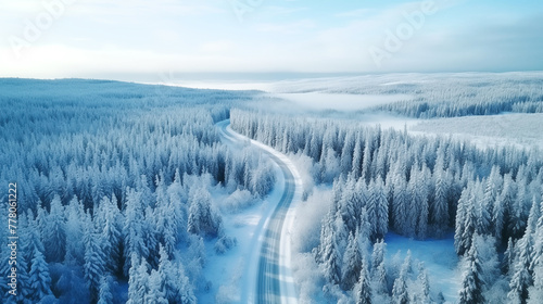 Aerial view on the road and forest at the winter time. Natural winter landscape from air. Forest under snow a the winter time. Landscape from drone