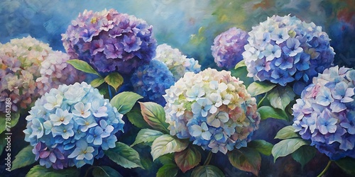 Beautiful Hydrangeas Flowers With Butterflies Painted With Oil Paint  Spring Background  Summer Flower Background  Spring Flower In Oil Paint. 