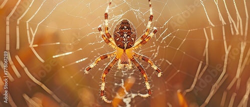 a close-up macro photo demonstrating the intricate patterns seen in nature, showing a spider spinning its web early in the morning.