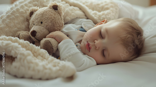 Cute baby sleeping with a teddy bear in bed