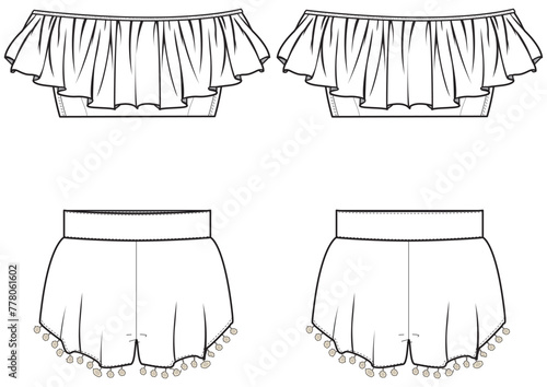 Women bardot ruffle blouse top design flat sketch fashion illustration drawing with front and back view. off shoulder Crop top blouse drawing vector template