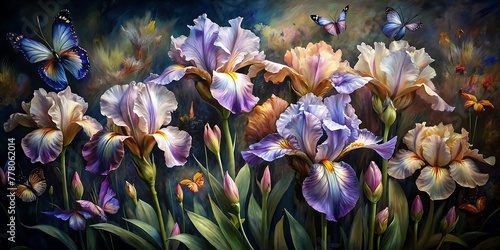 Beautiful Irises Flowers Painted With Oil Paint  Spring Background  Summer Flower Background  Spring Flower In Oil Paint. 