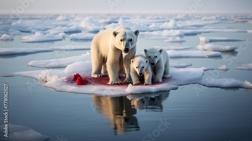 Polar bears on melting ice in the Arctic sea. Melting polar ice caps  with a polar bear standing on a shrinking ice floe
