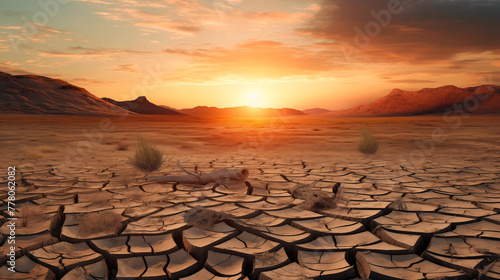 Global warming concept, dry cracks in the land, severe water shortage, drought concept. Barren cracked land with sun barely visible through the dust storm. Drought and desertification
