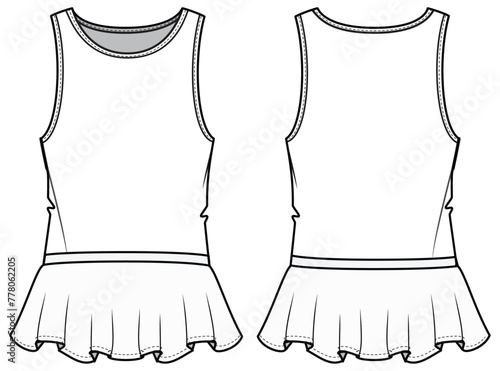 Peplum blouse top design flat sketch fashion illustration with front and back view vector template. Sleeveless peplum tank top cad drawing vector template
