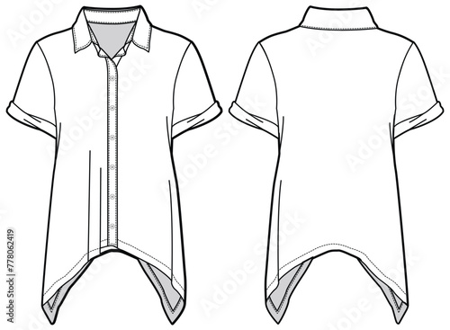 Women's Dip hem Shirt Blouse flat sketch fashion illustration drawing front and back view, Dipped Curved hem shirt cad for girls and ladies template mock up