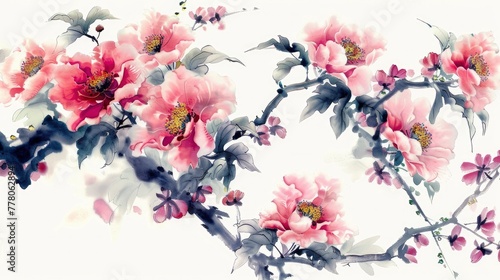 pink peony blossom chinese painting on white background copyspace