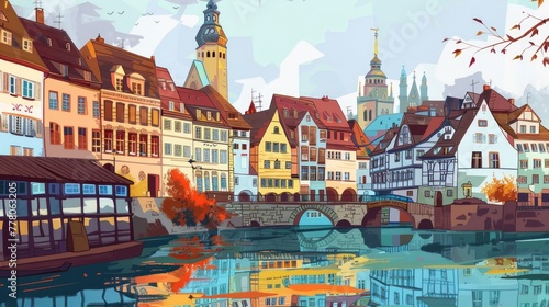 a colorful, whimsical drawing of a German cityscape