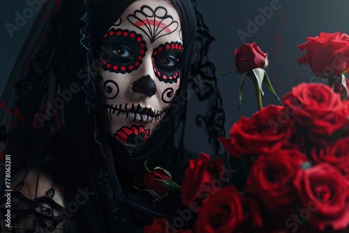 woman covered in a black veil and painted like a sugar skull