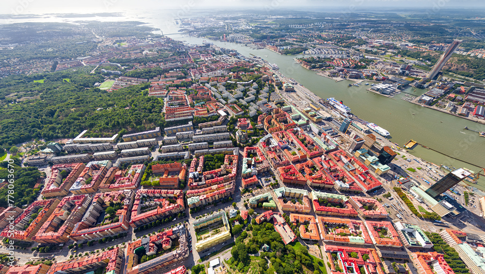 Gothenburg, Sweden. Panorama of the city in summer in cloudy weather. Aerial view