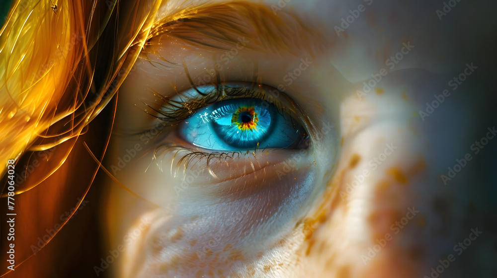 the girl's eye is blue in color - obrazy, fototapety, plakaty 