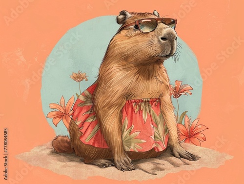 Illustrated capybara in a tropical sundress, with beach sunglasses, summerready, on a soft coral background photo