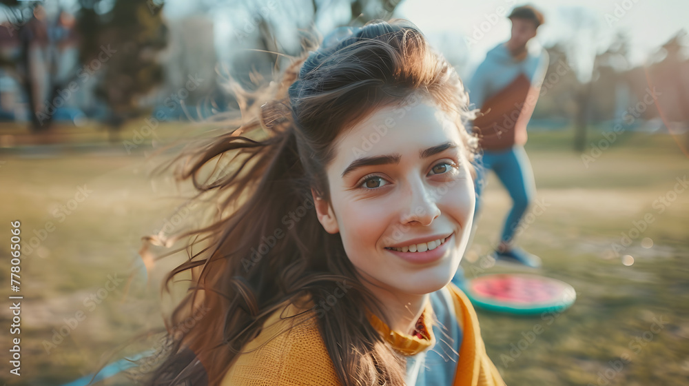 26 year old woman in park on spring day looking at camera with frisby in had with her boyfriend off behind her who is playing with her. Ultra photo realistic 26 year old woman in park on spring day looking at camera with frisby in had with her boyfriend off behind her who is playing with her. Ultra photo realistic