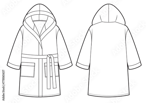 Kids's bathrobe technical sketch. With belt and pockets