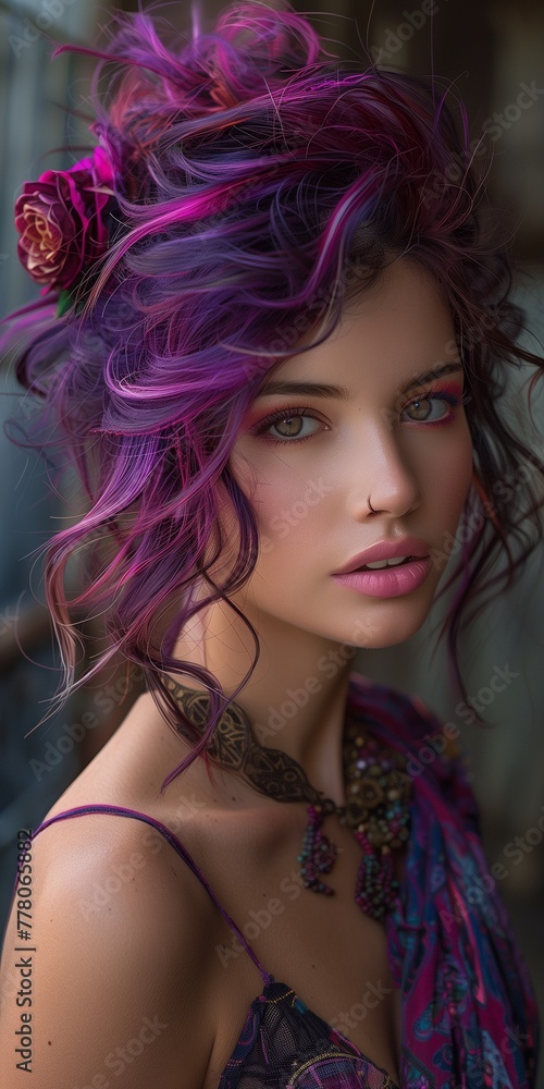 portrait of a beautiful young woman with violet hair style 