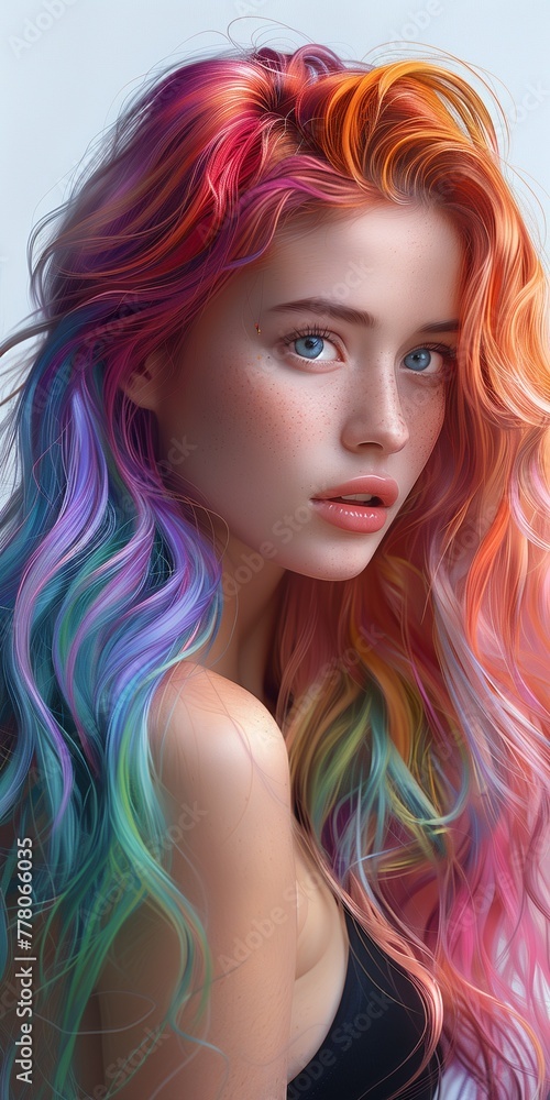 beautiful model with long hair colored in vibrant rainbow colors fashion style beautiful model with long hair colored in vibrant rainbow colors fashion style