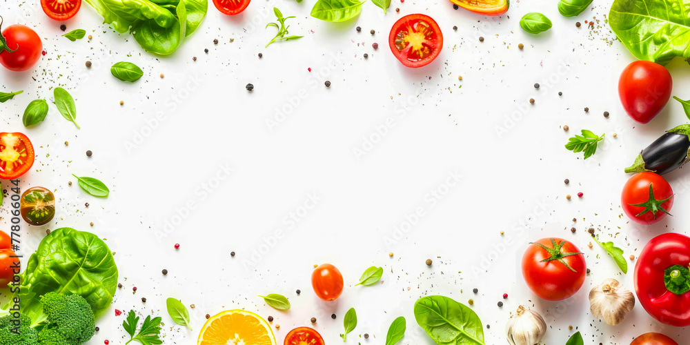 Fresh vegetables and herbs with vibrant colors spread on white background, designed with copyspace in mind. Fresh vegetables and herbs with vibrant colors spread on white background, designed with copyspace in mind.