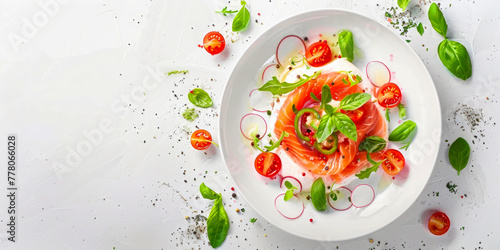 Fresh salmon carpaccio with radish slices, cherry tomatoes, basil leaves, and ground pepper on a white plate.
