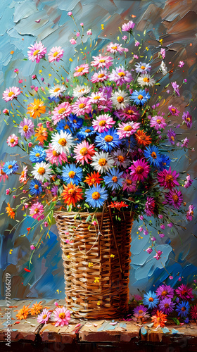 Bouquet of colorful wildflowers in a wicker basket.