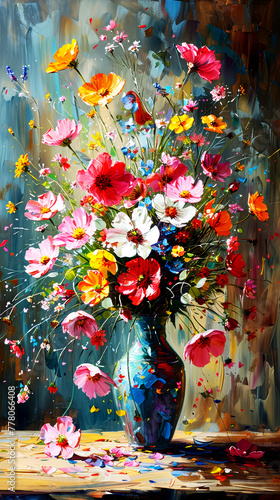 Bouquet of colorful wildflowers in vase on wooden table. Oil painting.