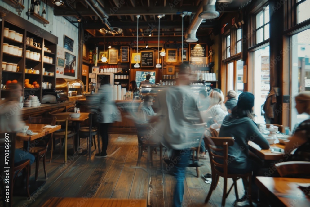 A bustling coffee shop scene with blurred customers in motion A bustling coffee shop scene with blurred customers in motion