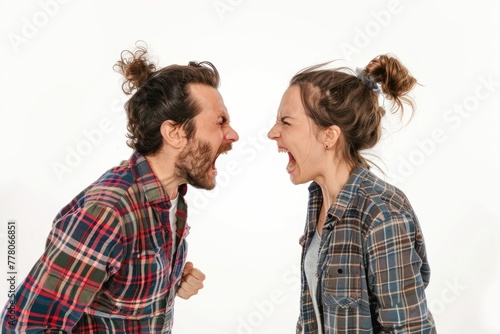 A man and a woman yelling at each other Isolated on white background