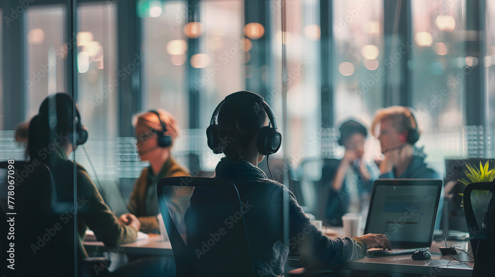 Fototapeta premium A group of call center workers wearing headsets and sitting at their desks