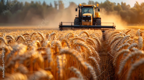 Harvester in Action: Cutting Wheat in the Wheat Field. combine harvester working on wheat field