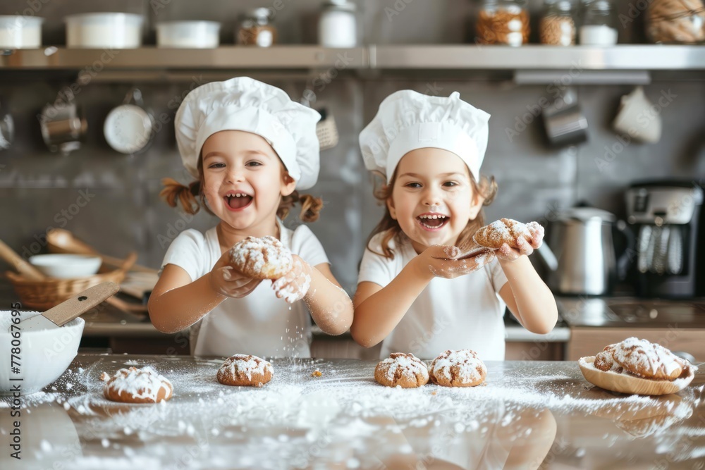 Happy kids baking delicious cookies white modern kitchen background Happy kids baking delicious cookies white modern kitchen background