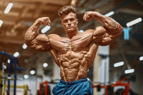 man bodybuilder flexing big showing off muscles